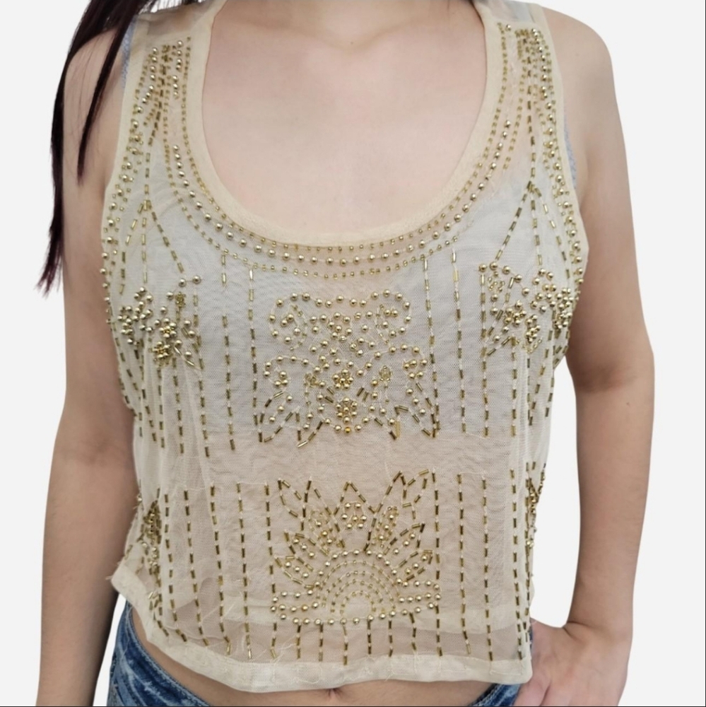Charlotte Russe Beige Tank Top with Gold Accents